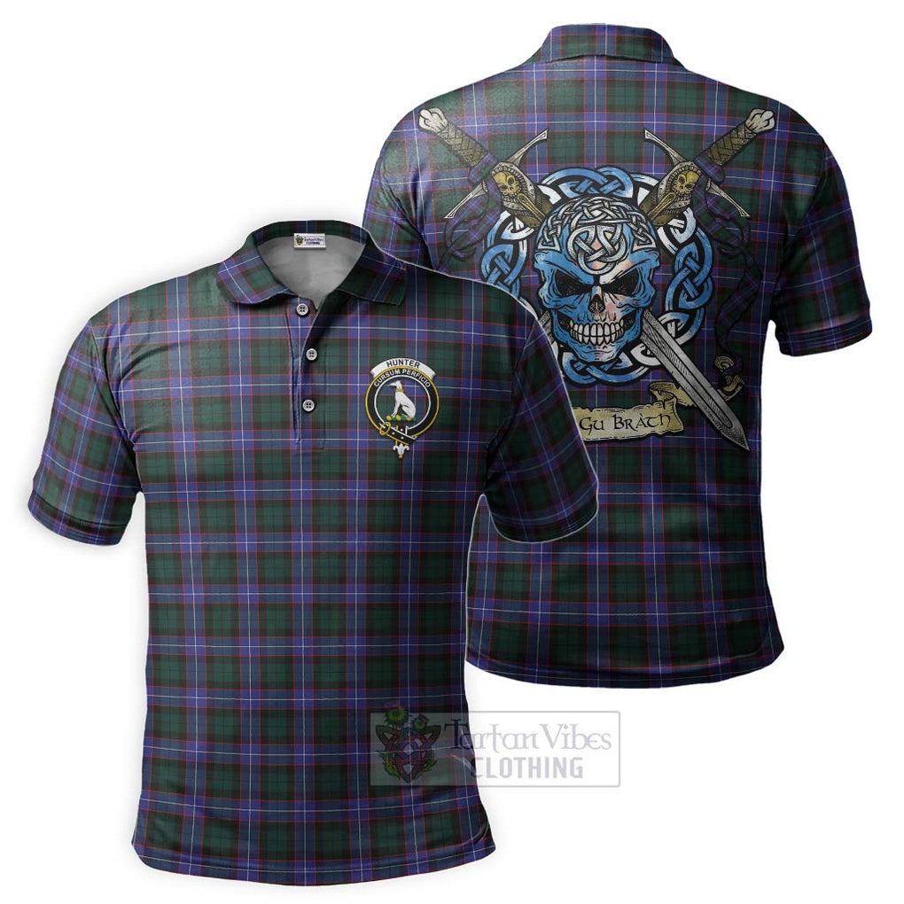 Tartan Vibes Clothing Hunter (Hunterston) Tartan Polo Shirt with Family Crest Celtic Skull Style