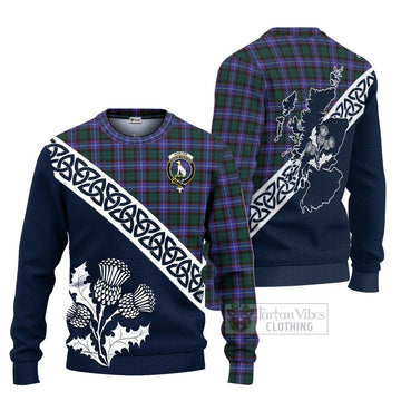 Hunter (Hunterston) Tartan Ugly Sweater Featuring Thistle and Scotland Map