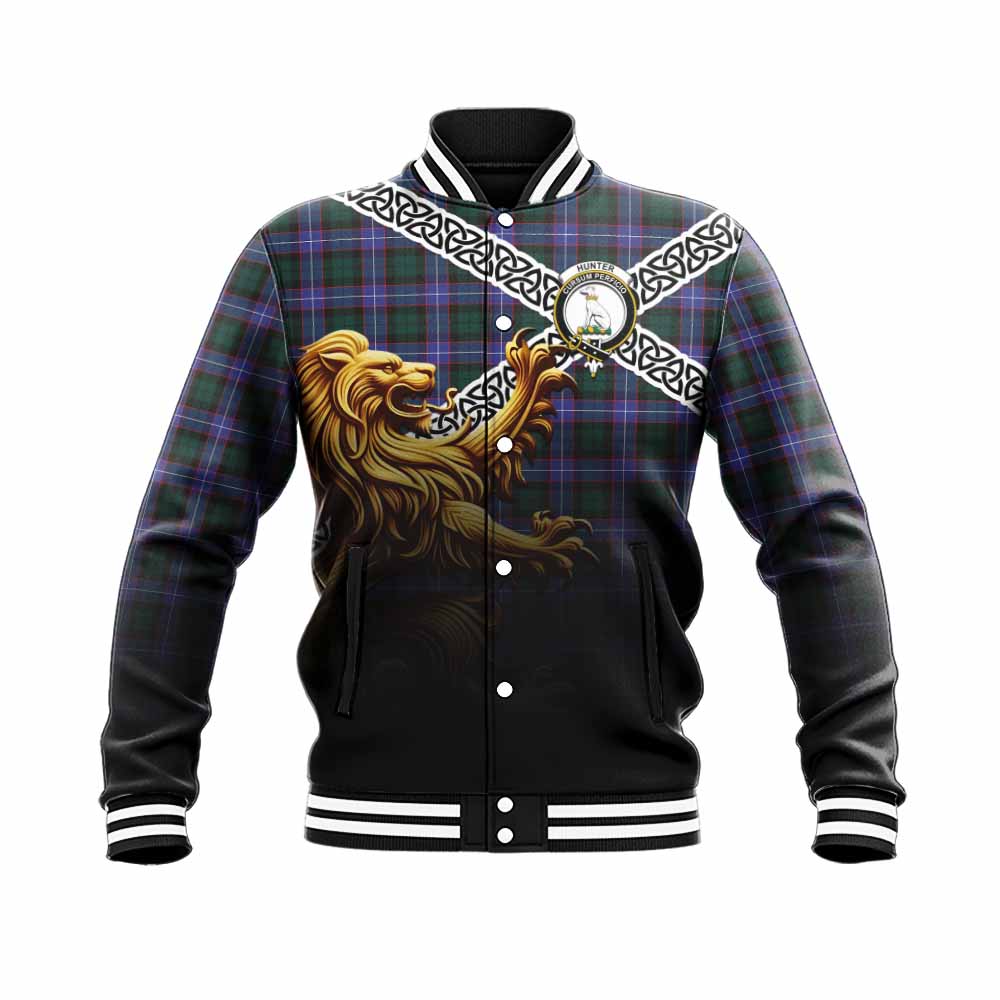 Hunter (Hunterston) Crest Tartan Baseball Jacket with Golden Lion Emblem Celtic Style Unisex - Tartan Vibes Clothing