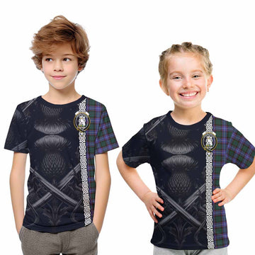 Hunter (Hunterston) Tartan Kid T-Shirt with Family Crest Cross Sword Thistle Celtic Vibes