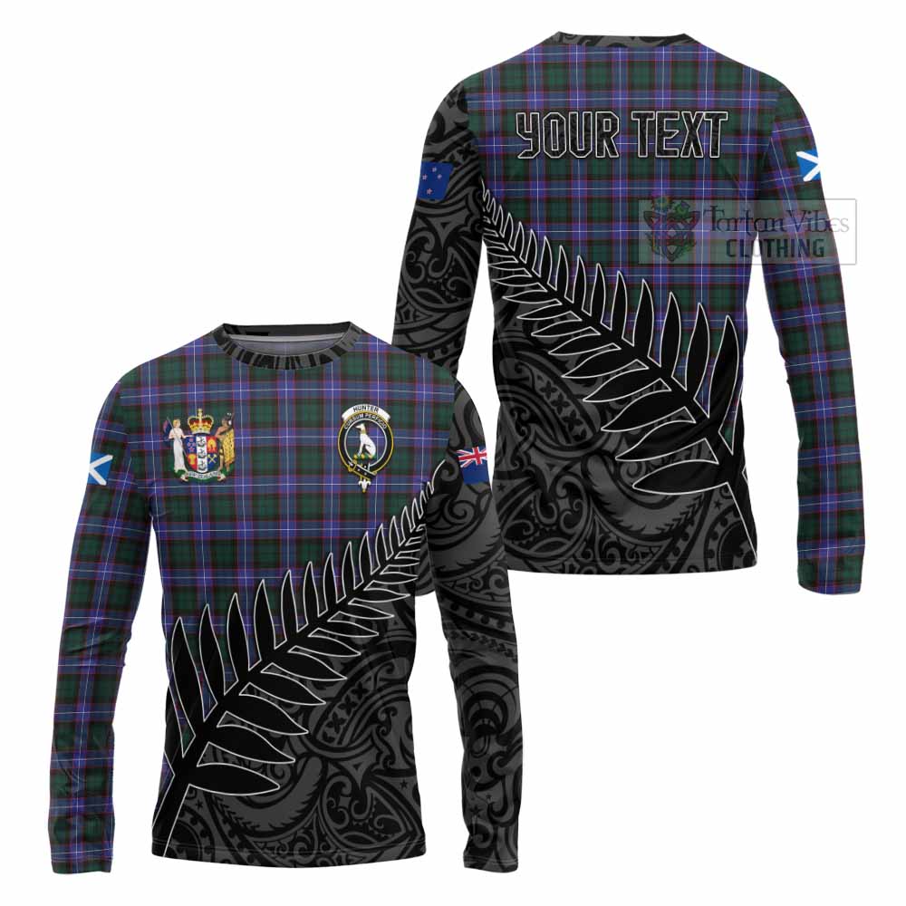 Tartan Vibes Clothing Hunter (Hunterston) Crest Tartan Long Sleeve T-Shirt with New Zealand Silver Fern Half Style