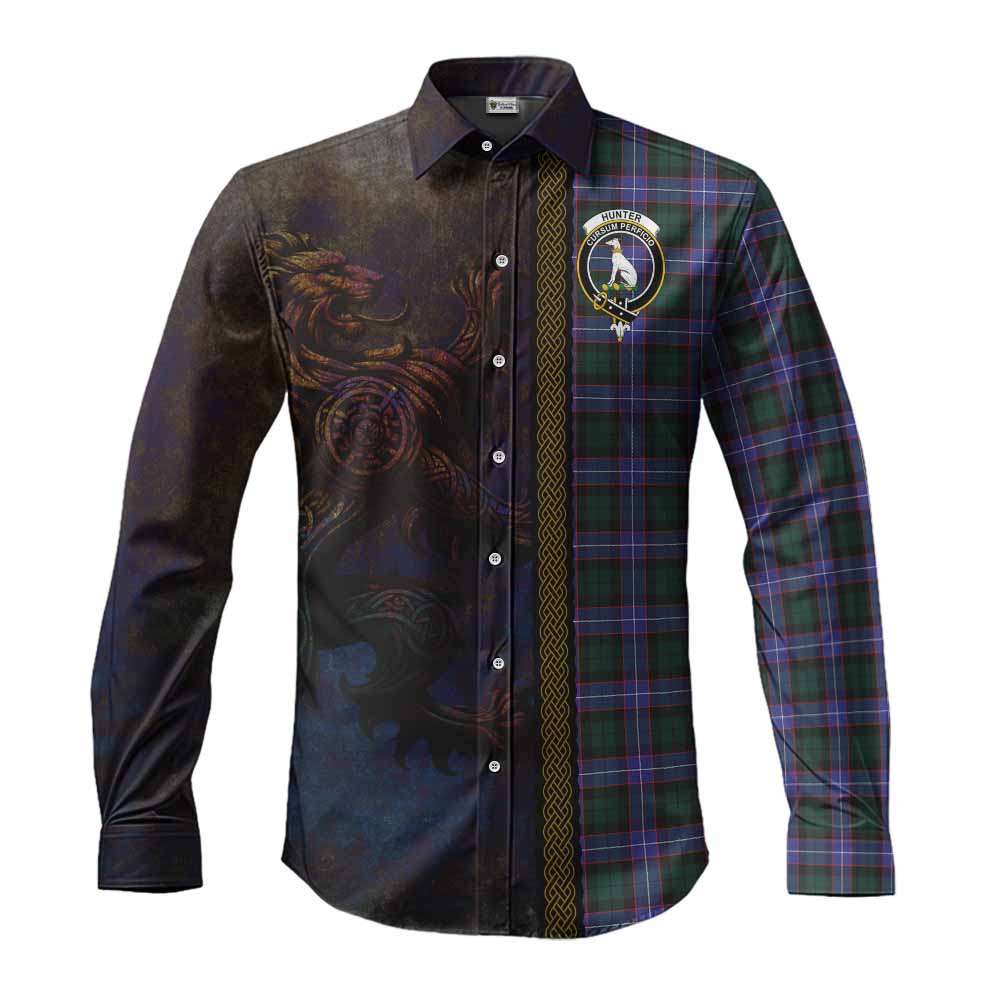 Hunter (Hunterston) Tartan Family Crest Long Sleeve Button Shirt Alba Gu Brath Be Brave Lion Ancient Style Men's Shirt S - Tartan Vibes Clothing