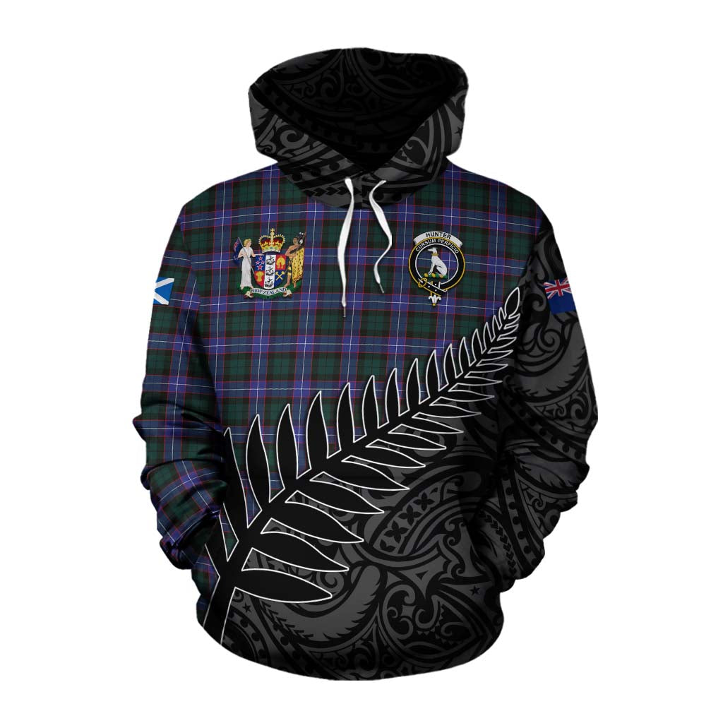 Tartan Vibes Clothing Hunter (Hunterston) Crest Tartan Cotton Hoodie with New Zealand Silver Fern Half Style