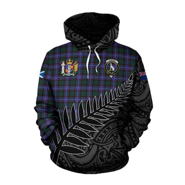 Hunter (Hunterston) Crest Tartan Cotton Hoodie with New Zealand Silver Fern Half Style