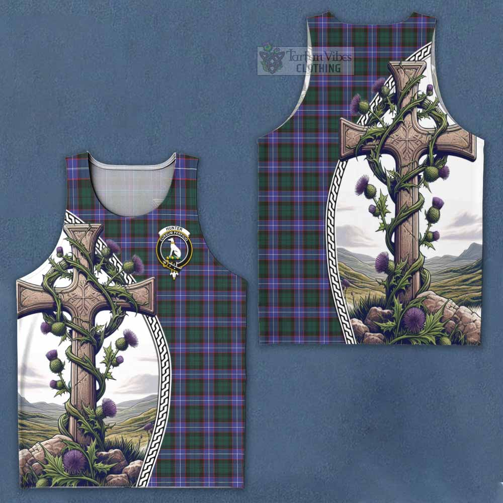 Tartan Vibes Clothing Hunter (Hunterston) Tartan Men's Tank Top with Family Crest and St. Andrew's Cross Accented by Thistle Vines