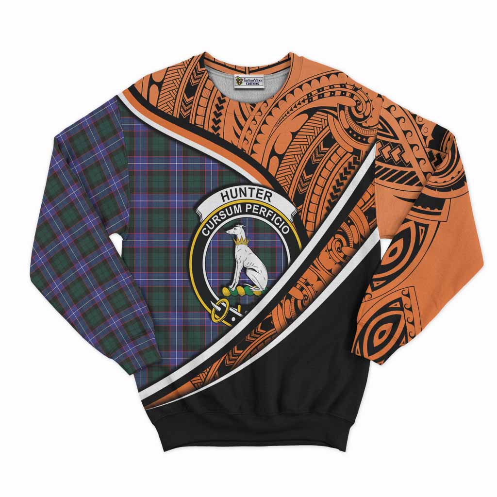 Tartan Vibes Clothing Hunter (Hunterston) Crest Tartan Sweatshirt with Maori Tattoo Style - Orange Version