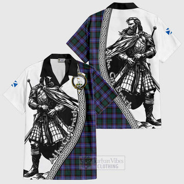 Hunter (Hunterston) Tartan Clan Crest Short Sleeve Button Shirt with Highlander Warrior Celtic Style