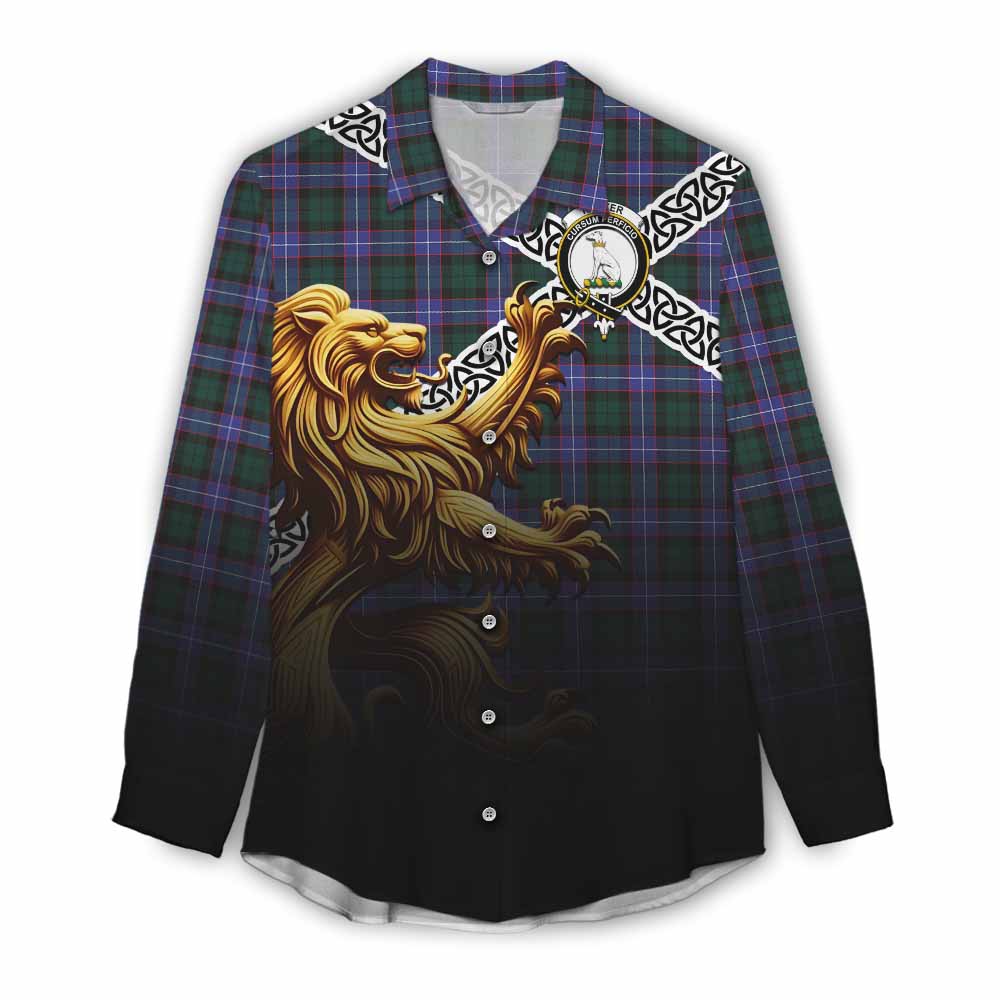 Hunter (Hunterston) Crest Tartan Women's Casual Shirt with Golden Lion Emblem Celtic Style Female - Tartan Vibes Clothing