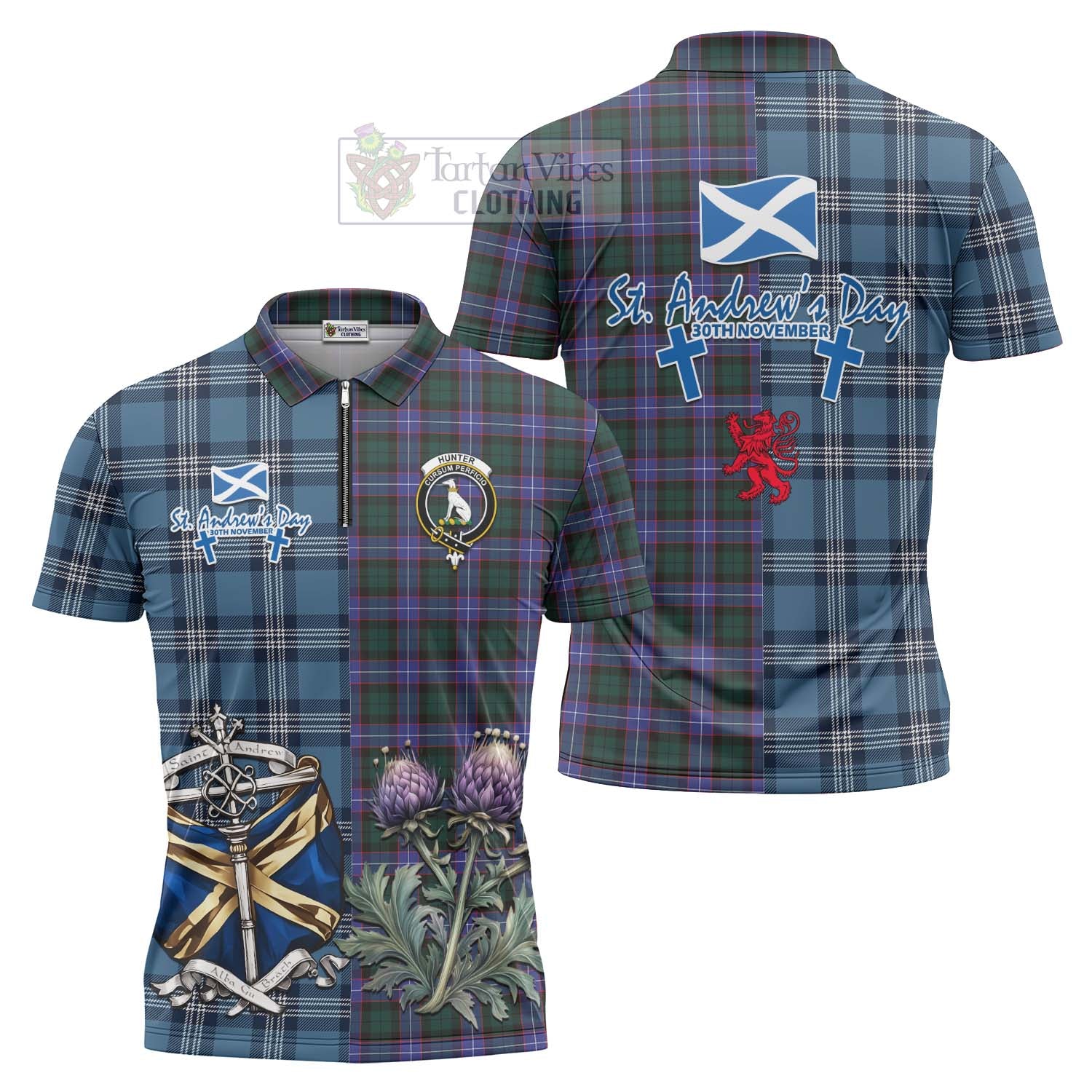 Tartan Vibes Clothing Hunter (Hunterston) Tartan Zipper Polo Shirt Happy St. Andrew's Day Half Tartan Style