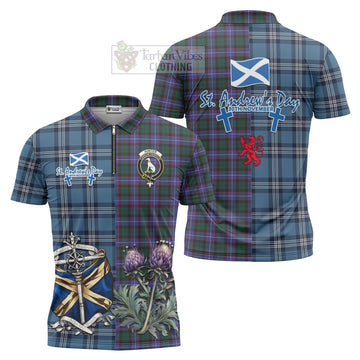 Hunter (Hunterston) Tartan Zipper Polo Shirt Happy St. Andrew's Day Half Tartan Style