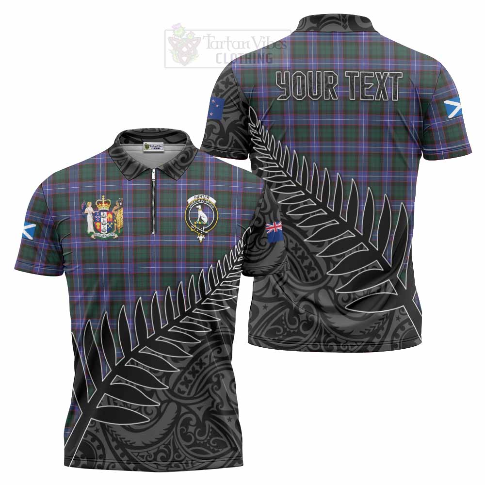 Tartan Vibes Clothing Hunter (Hunterston) Crest Tartan Zipper Polo Shirt with New Zealand Silver Fern Half Style