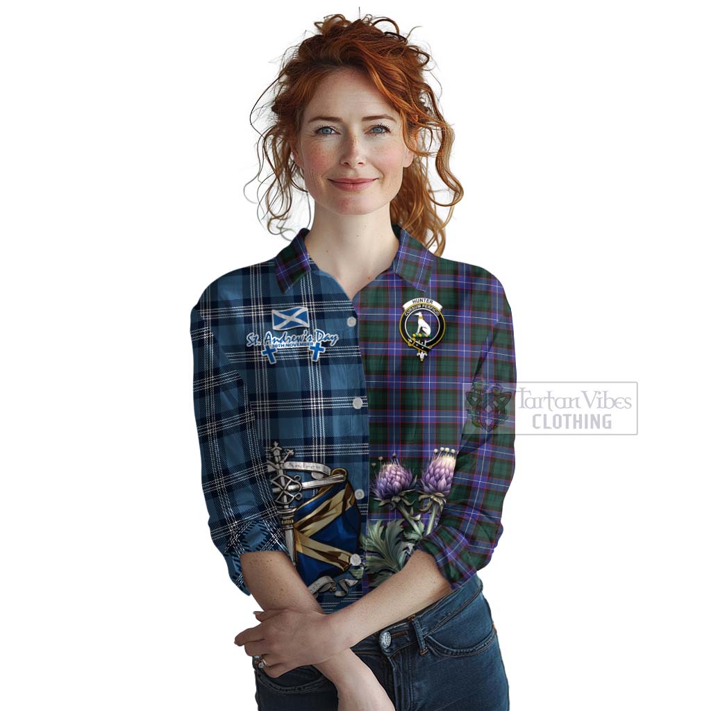 Tartan Vibes Clothing Hunter (Hunterston) Tartan Women's Casual Shirt Happy St. Andrew's Day Half Tartan Style