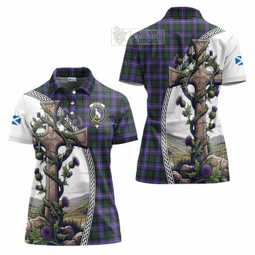 Hunter (Hunterston) Tartan Women's Polo Shirt with Family Crest and St. Andrew's Cross Accented by Thistle Vines