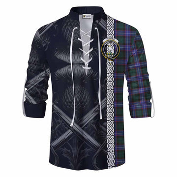 Hunter (Hunterston) Tartan Ghillie Kilt Shirt with Family Crest Cross Sword Thistle Celtic Vibes