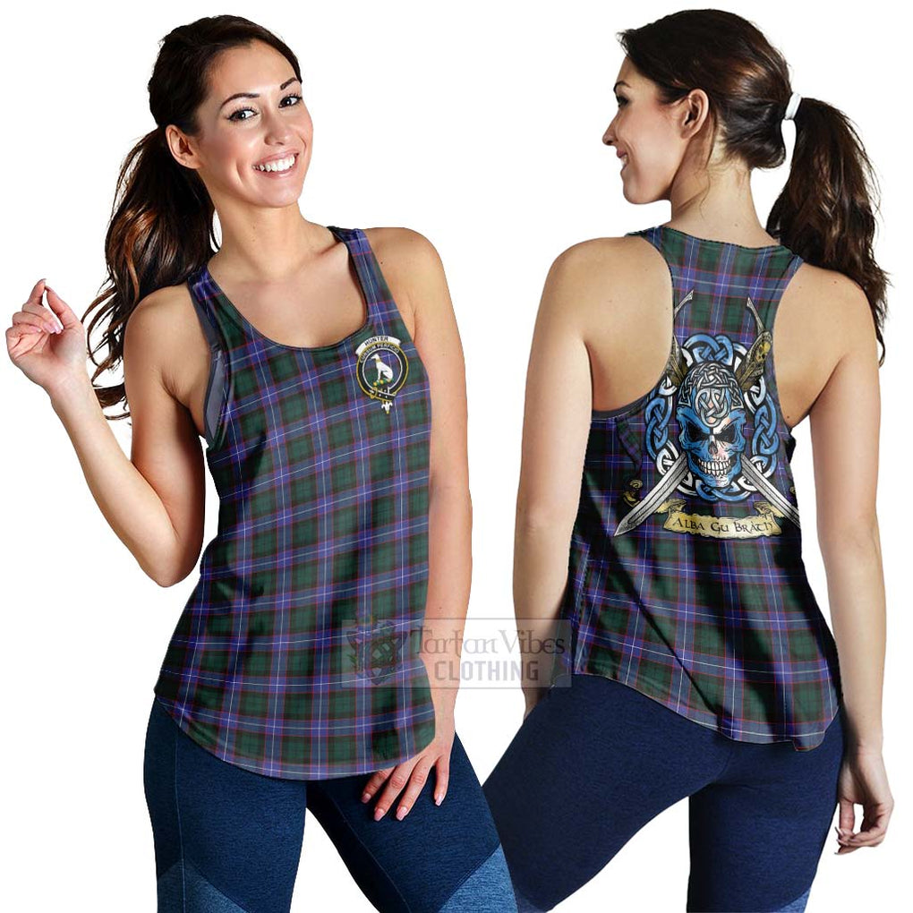 Tartan Vibes Clothing Hunter (Hunterston) Tartan Women's Racerback Tanks with Family Crest Celtic Skull Style