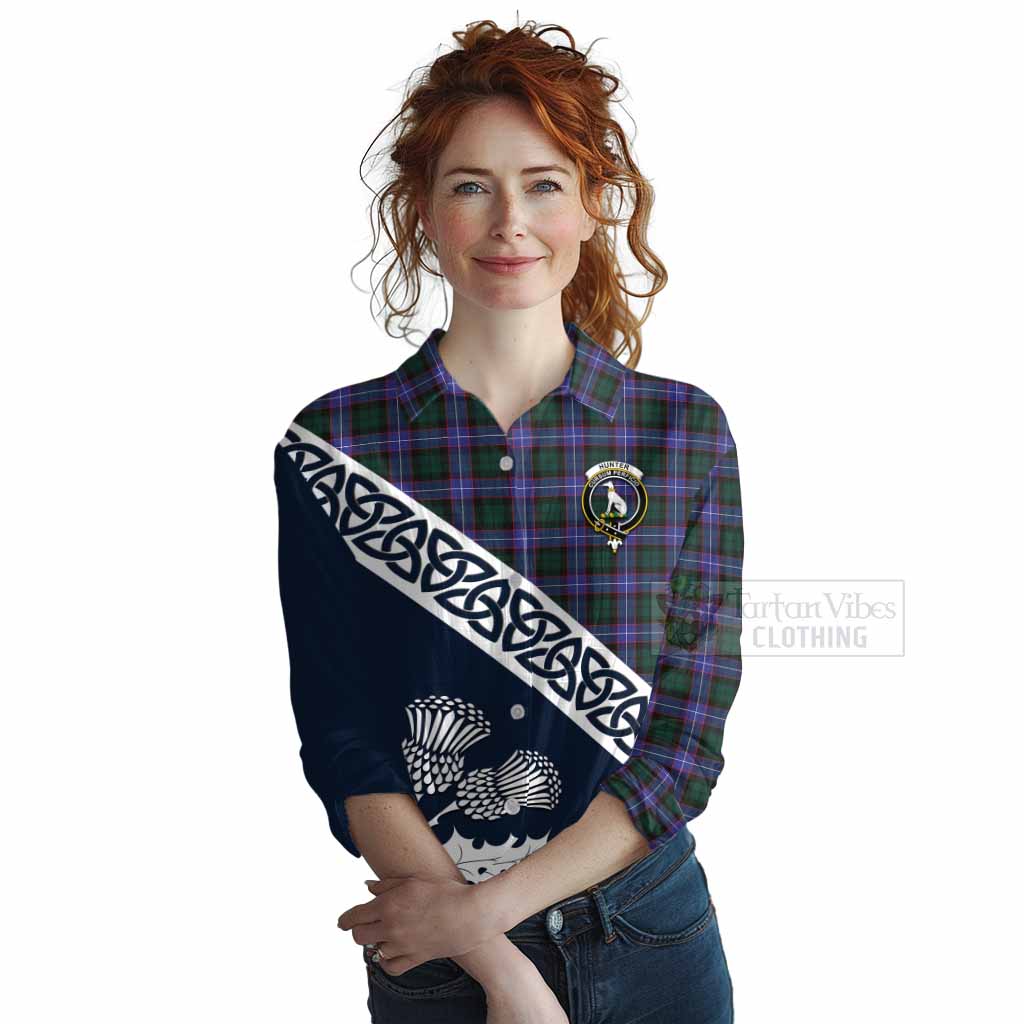 Tartan Vibes Clothing Hunter (Hunterston) Tartan Women's Casual Shirt Featuring Thistle and Scotland Map