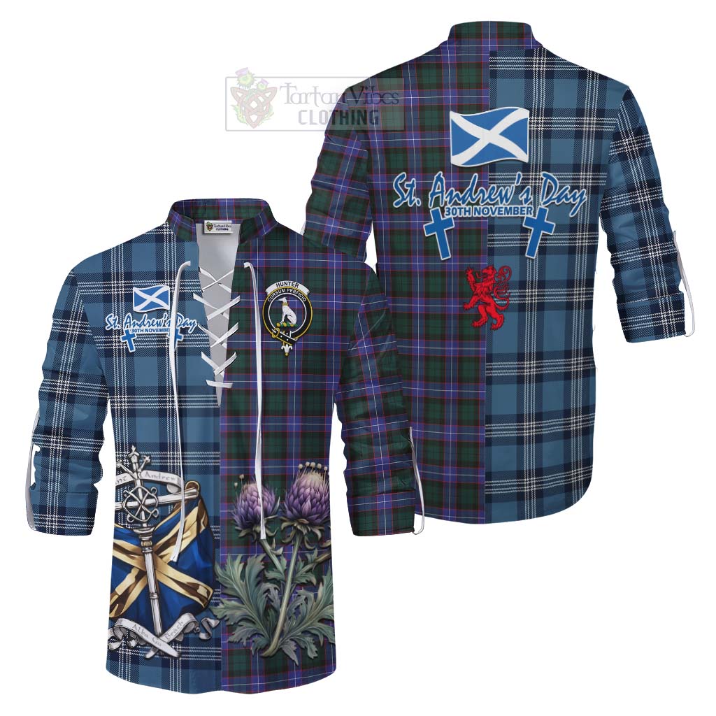 Tartan Vibes Clothing Hunter (Hunterston) Tartan Ghillie Kilt Shirt Happy St. Andrew's Day Half Tartan Style