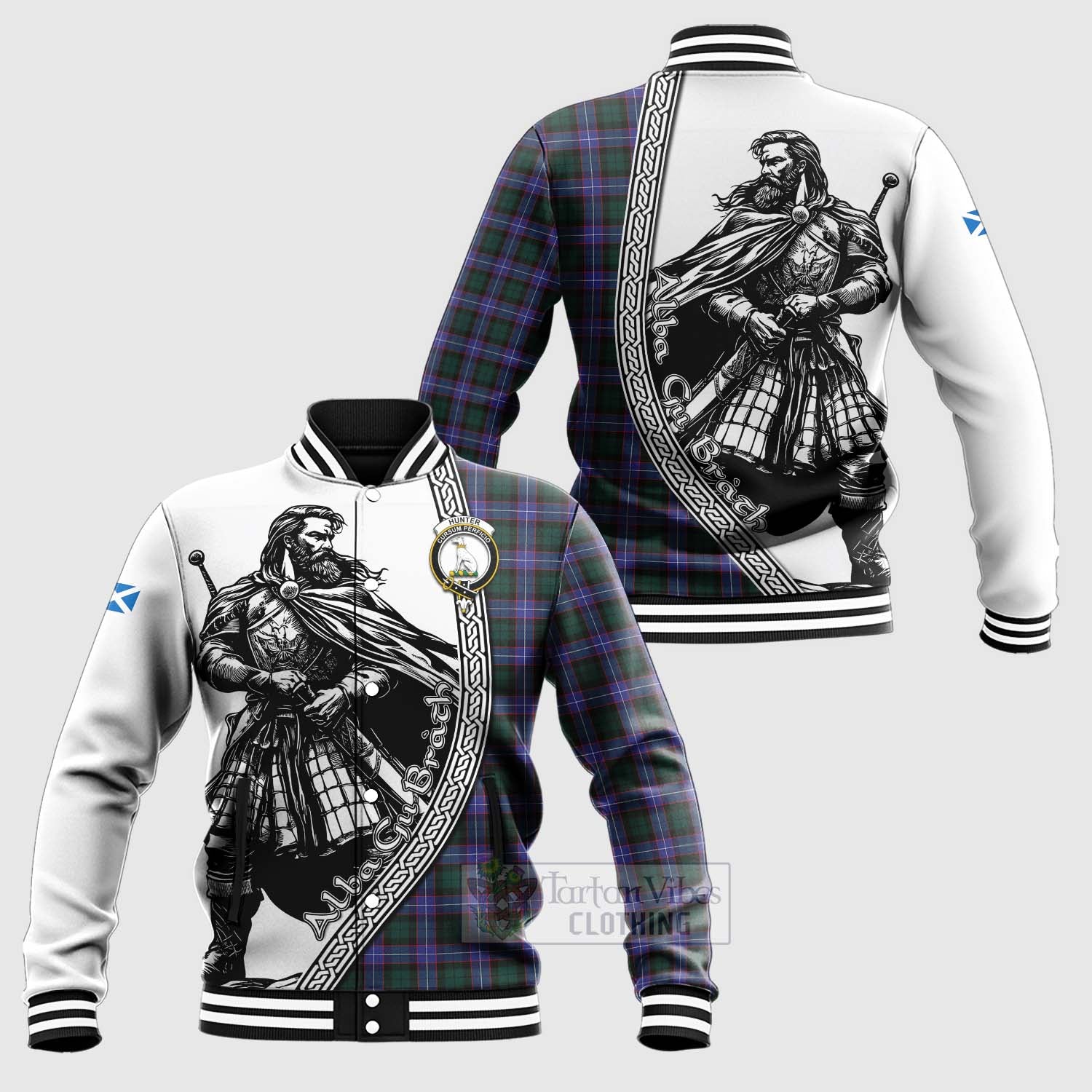 Tartan Vibes Clothing Hunter (Hunterston) Tartan Clan Crest Baseball Jacket with Highlander Warrior Celtic Style