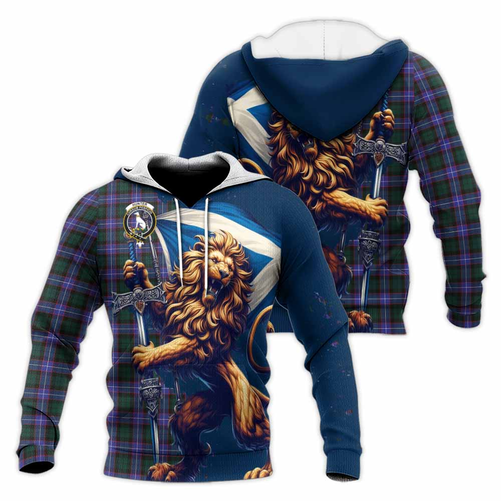 Tartan Vibes Clothing Hunter (Hunterston) Tartan Family Crest Knitted Hoodie with Scottish Majestic Lion