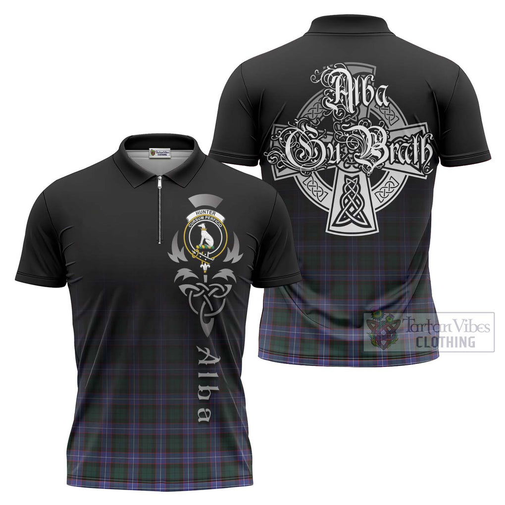 Tartan Vibes Clothing Hunter (Hunterston) Tartan Zipper Polo Shirt Featuring Alba Gu Brath Family Crest Celtic Inspired