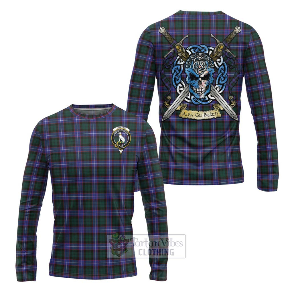 Tartan Vibes Clothing Hunter (Hunterston) Tartan Long Sleeve T-Shirt with Family Crest Celtic Skull Style