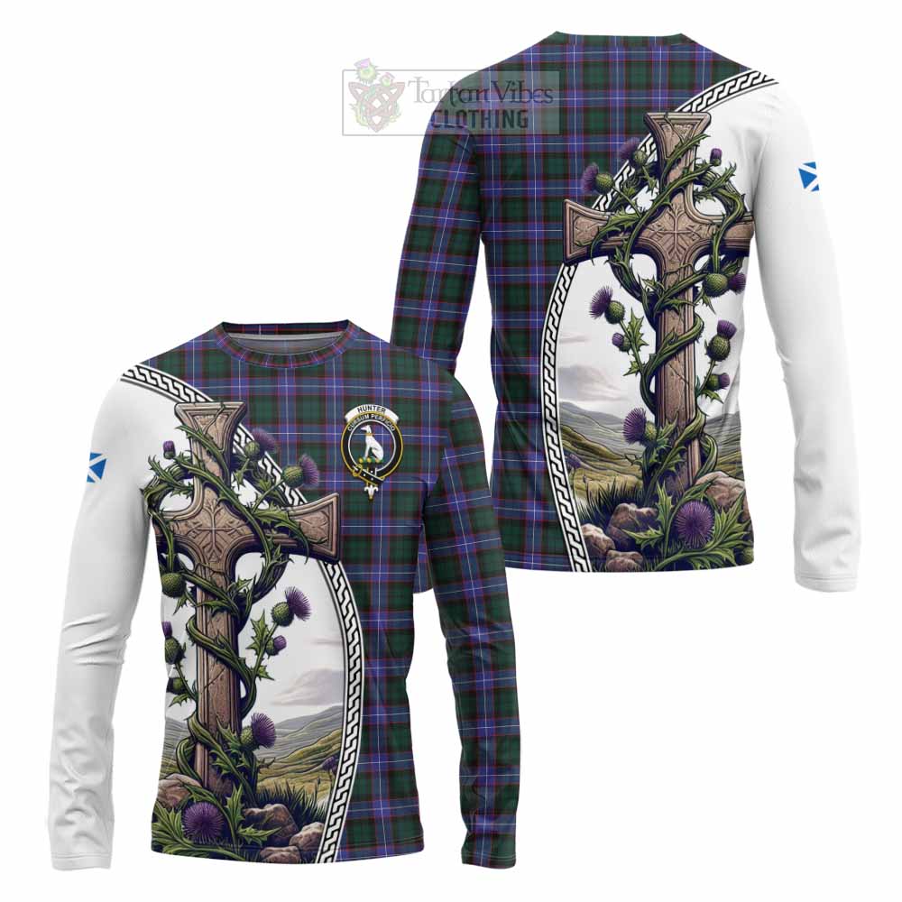 Tartan Vibes Clothing Hunter (Hunterston) Tartan Long Sleeve T-Shirt with Family Crest and St. Andrew's Cross Accented by Thistle Vines