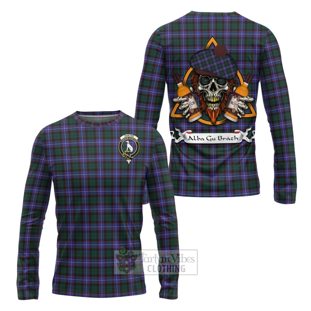 Tartan Vibes Clothing Hunter (Hunterston) Tartan Long Sleeve T-Shirt with Family Crest and Bearded Skull Holding Bottles of Whiskey