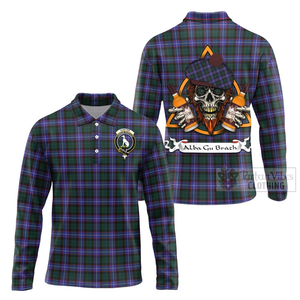 Tartan Vibes Clothing Hunter (Hunterston) Tartan Long Sleeve Polo Shirt with Family Crest and Bearded Skull Holding Bottles of Whiskey