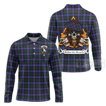 Hunter (Hunterston) Tartan Long Sleeve Polo Shirt with Family Crest and Bearded Skull Holding Bottles of Whiskey