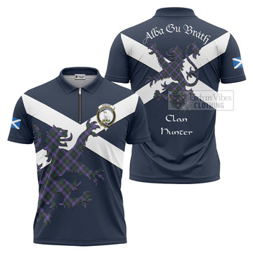 Hunter (Hunterston) Tartan Lion Rampant Zipper Polo Shirt Proudly Display Your Heritage with Alba Gu Brath and Clan Name