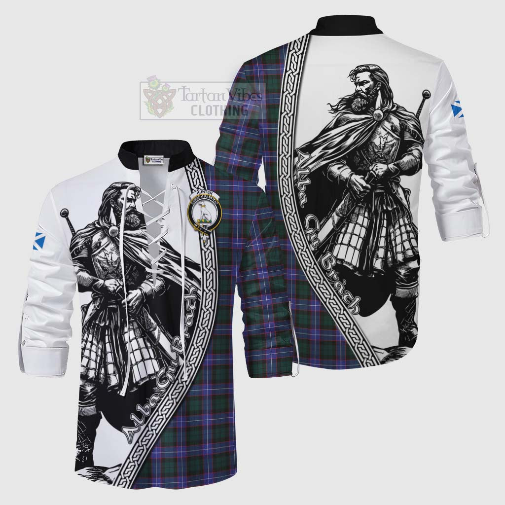 Tartan Vibes Clothing Hunter (Hunterston) Tartan Clan Crest Ghillie Kilt Shirt with Highlander Warrior Celtic Style