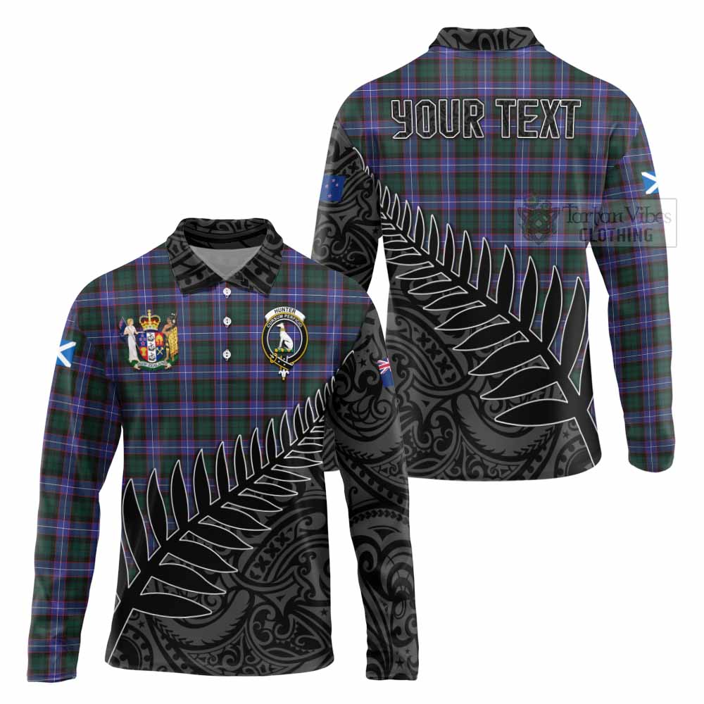 Tartan Vibes Clothing Hunter (Hunterston) Crest Tartan Long Sleeve Polo Shirt with New Zealand Silver Fern Half Style