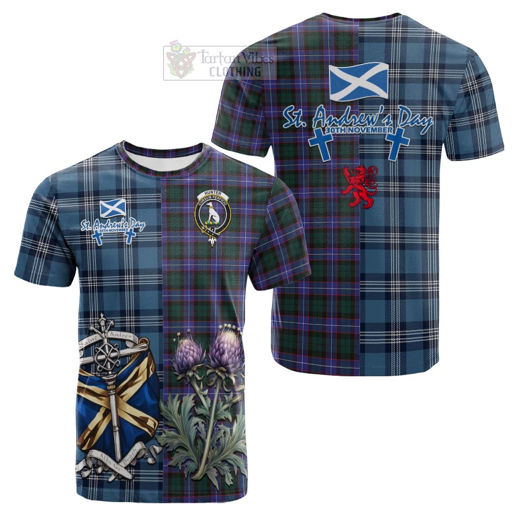 Tartan Vibes Clothing Hunter (Hunterston) Tartan Cotton T-shirt Happy St. Andrew's Day Half Tartan Style