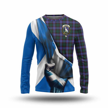 Hunter (Hunterston) Tartan Long Sleeve T-Shirt with Family Crest Scotland Patriotic Style