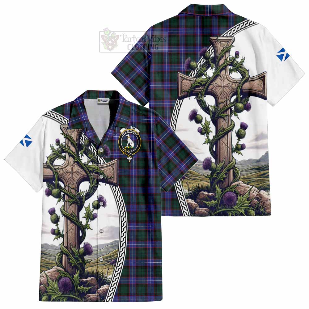 Tartan Vibes Clothing Hunter (Hunterston) Tartan Short Sleeve Button Shirt with Family Crest and St. Andrew's Cross Accented by Thistle Vines