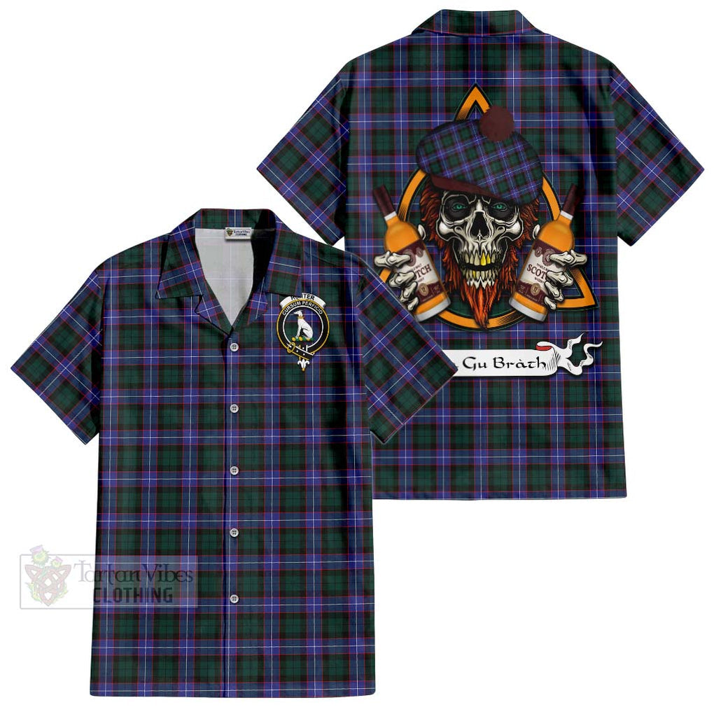 Tartan Vibes Clothing Hunter (Hunterston) Tartan Short Sleeve Button Shirt with Family Crest and Bearded Skull Holding Bottles of Whiskey