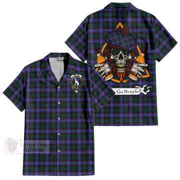 Hunter (Hunterston) Tartan Short Sleeve Button Shirt with Family Crest and Bearded Skull Holding Bottles of Whiskey