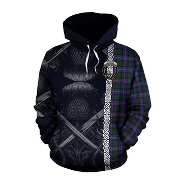 Hunter (Hunterston) Tartan Cotton Hoodie with Family Crest Cross Sword Thistle Celtic Vibes