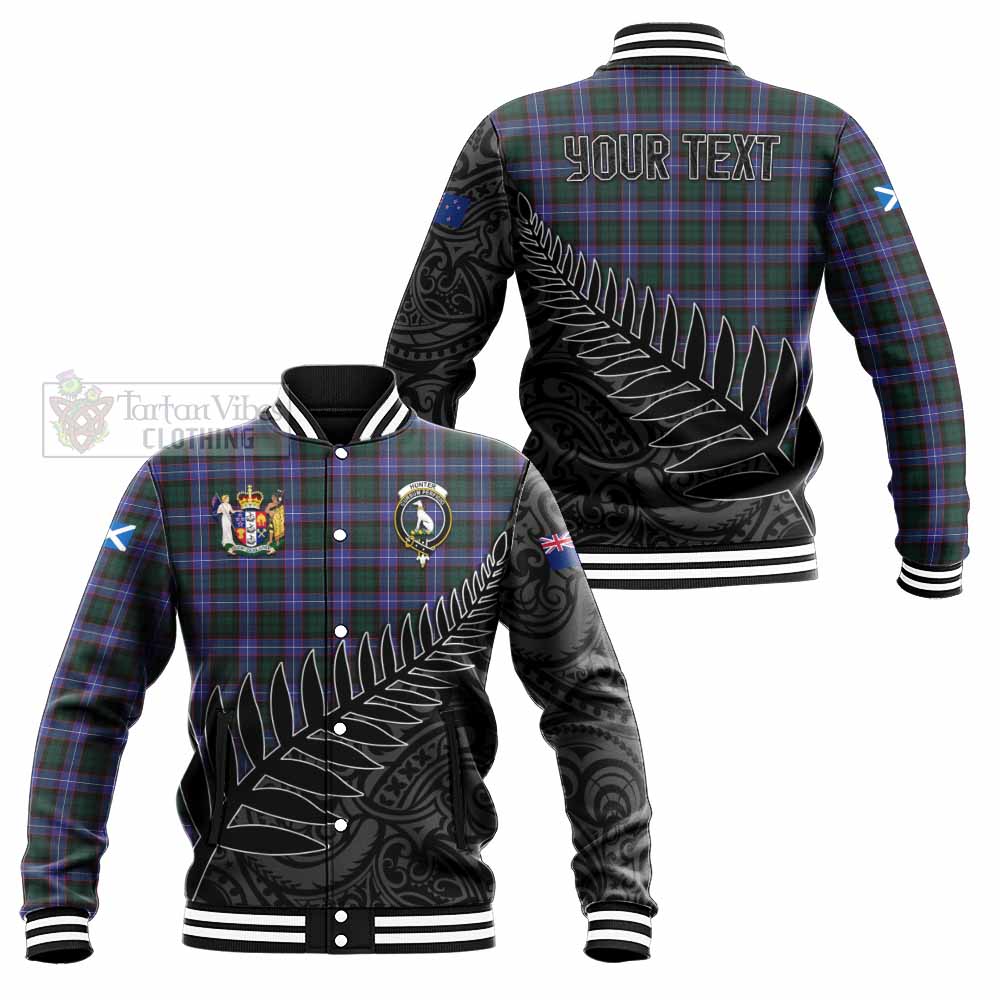 Tartan Vibes Clothing Hunter (Hunterston) Crest Tartan Baseball Jacket with New Zealand Silver Fern Half Style