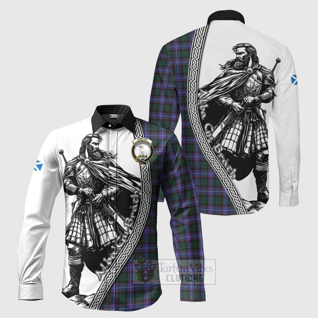 Tartan Vibes Clothing Hunter (Hunterston) Tartan Clan Crest Long Sleeve Button Shirt with Highlander Warrior Celtic Style