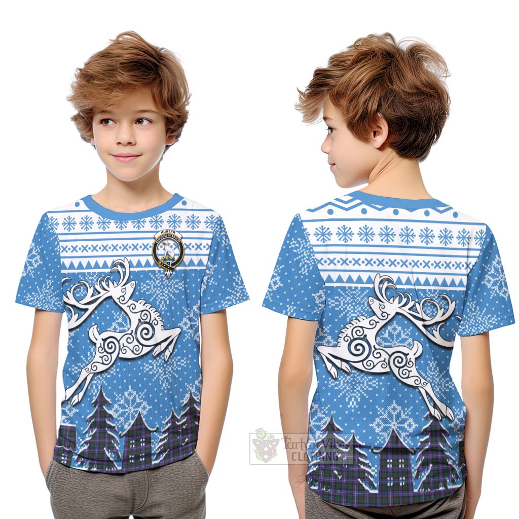 Tartan Vibes Clothing Hunter (Hunterston) Clan Christmas Kid T-Shirt Celtic Reindeer Style