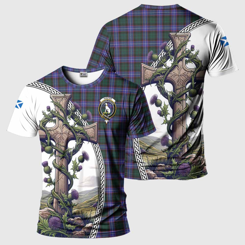 Tartan Vibes Clothing Hunter (Hunterston) Agnew Tartan T-Shirt with Family Crest and St. Andrew's Cross Accented by Thistle Vines