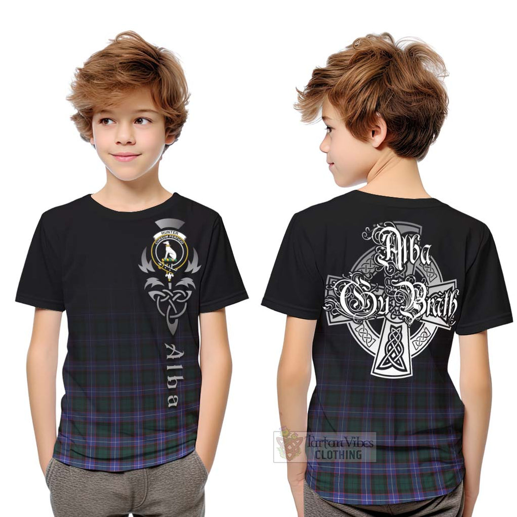 Tartan Vibes Clothing Hunter (Hunterston) Tartan Kid T-Shirt Featuring Alba Gu Brath Family Crest Celtic Inspired