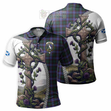 Hunter (Hunterston) Tartan Polo Shirt with Family Crest and St. Andrew's Cross Accented by Thistle Vines