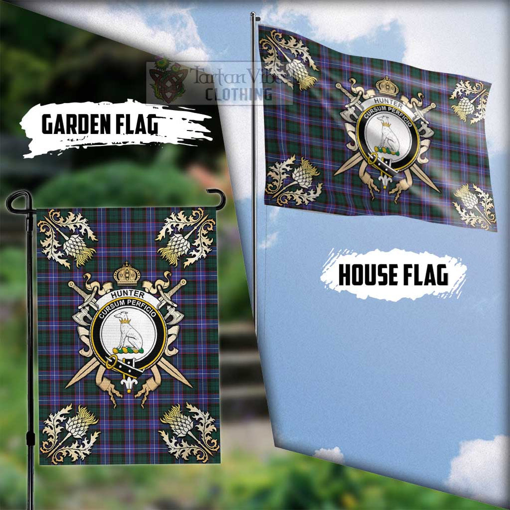 Tartan Vibes Clothing Hunter (Hunterston) Tartan Flag with Family Crest and Golden Thistle Crossed Sword Design