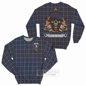 Hunter (Hunterston) Tartan Sweatshirt with Family Crest and Bearded Skull Holding Bottles of Whiskey