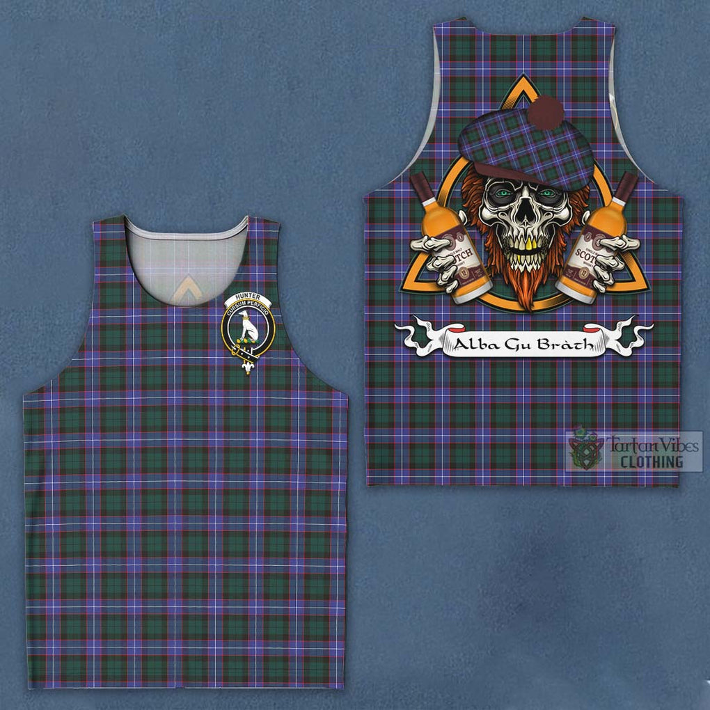 Tartan Vibes Clothing Hunter (Hunterston) Tartan Men's Tank Top with Family Crest and Bearded Skull Holding Bottles of Whiskey