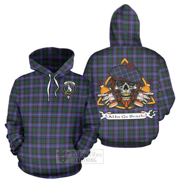 Hunter (Hunterston) Tartan Hoodie with Family Crest and Bearded Skull Holding Bottles of Whiskey