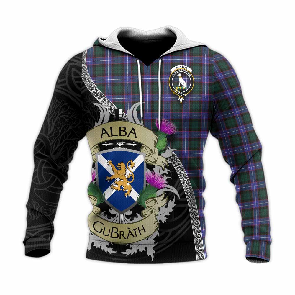 Hunter (Hunterston) Tartan Family Crest Knitted Hoodie Lion Rampant Royal Thistle Shield Celtic Inspired Unisex Knitted Pullover Hoodie - Tartan Vibes Clothing