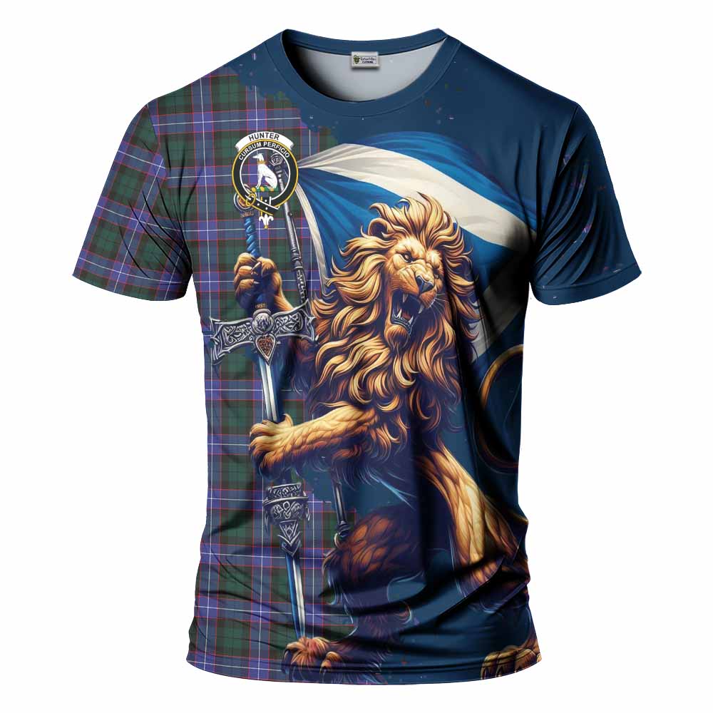 Tartan Vibes Clothing Hunter (Hunterston) Tartan Family Crest T-Shirt with Scottish Majestic Lion